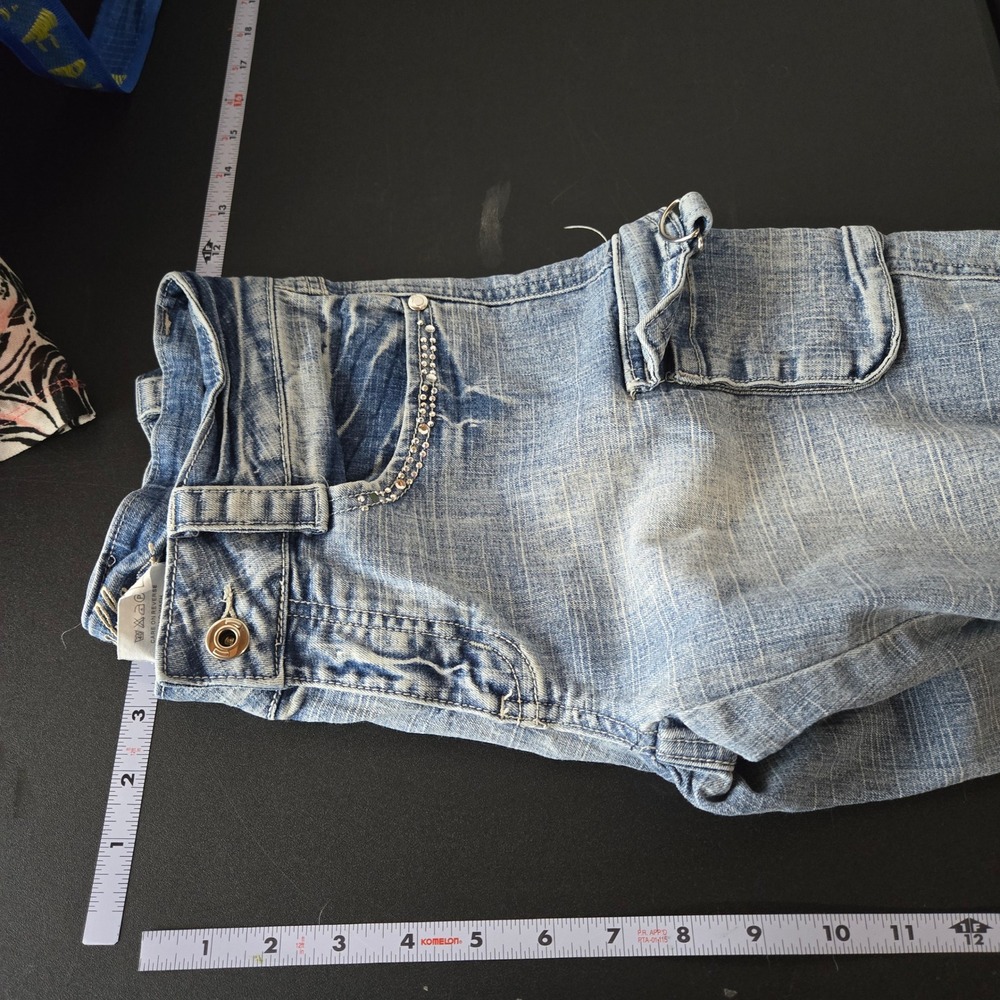 Apollo Rhinestone Cargo Bermudas Denim Jeans 5/6 Y2K Low Rise Cyber McBling Gorp - Picture 9 of 11